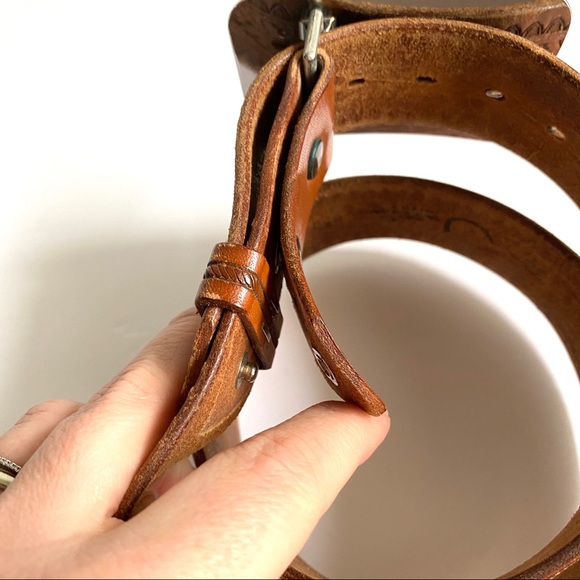 Vintage Tooled Brown Leather Belt Silver Western - Picture 5 of 11